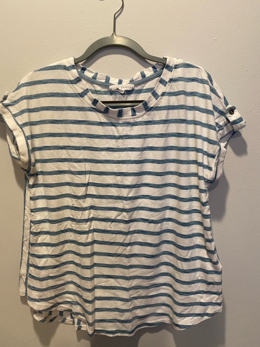 Jane and Delancey White and Teal Striped Short Sleeve Tee